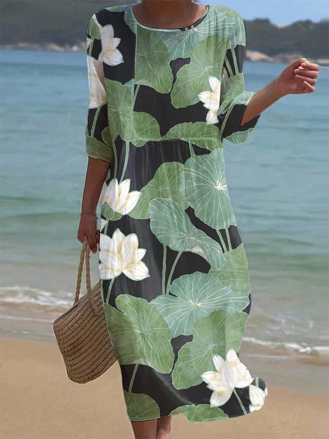 Carla - Vestido casual com gola redonda e mangas médias e estampa floral