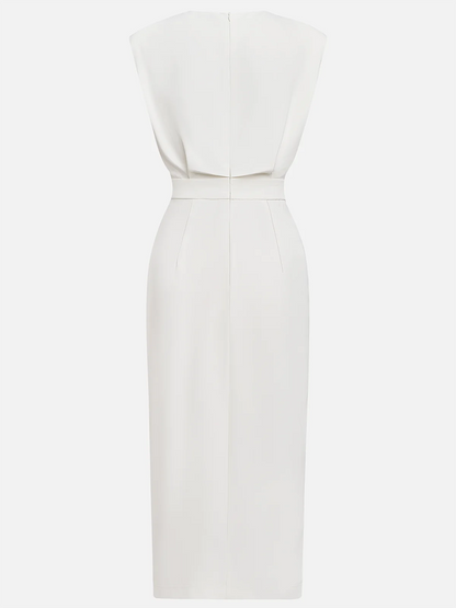 Aina - Vestido midi liso com fenda de botões e decote redondo