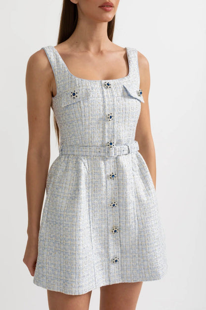 Vestido Mini Texturizado Com Corpete Justo E Botões Contrastantes - Azul Claro