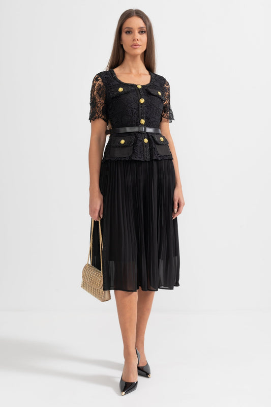 Vestido Elegante de Manga Curta com Top de Renda e Saia Larga - Preto
