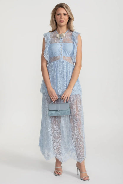 Vestido Elegante de Renda Inspirado no Vintage com Detalhes em Renda e Saia em Camadas - Azul