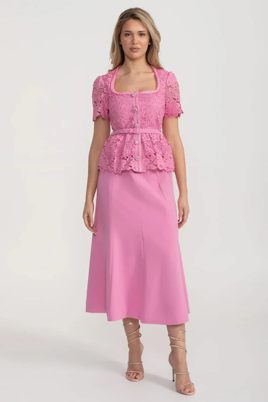 Vestido Elegante Com Top de Renda, Cinto Coordenado e Saia Coordenada - Rosa