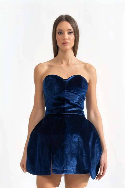 Vestido Mini de Veludo com Saia Larga - Azul