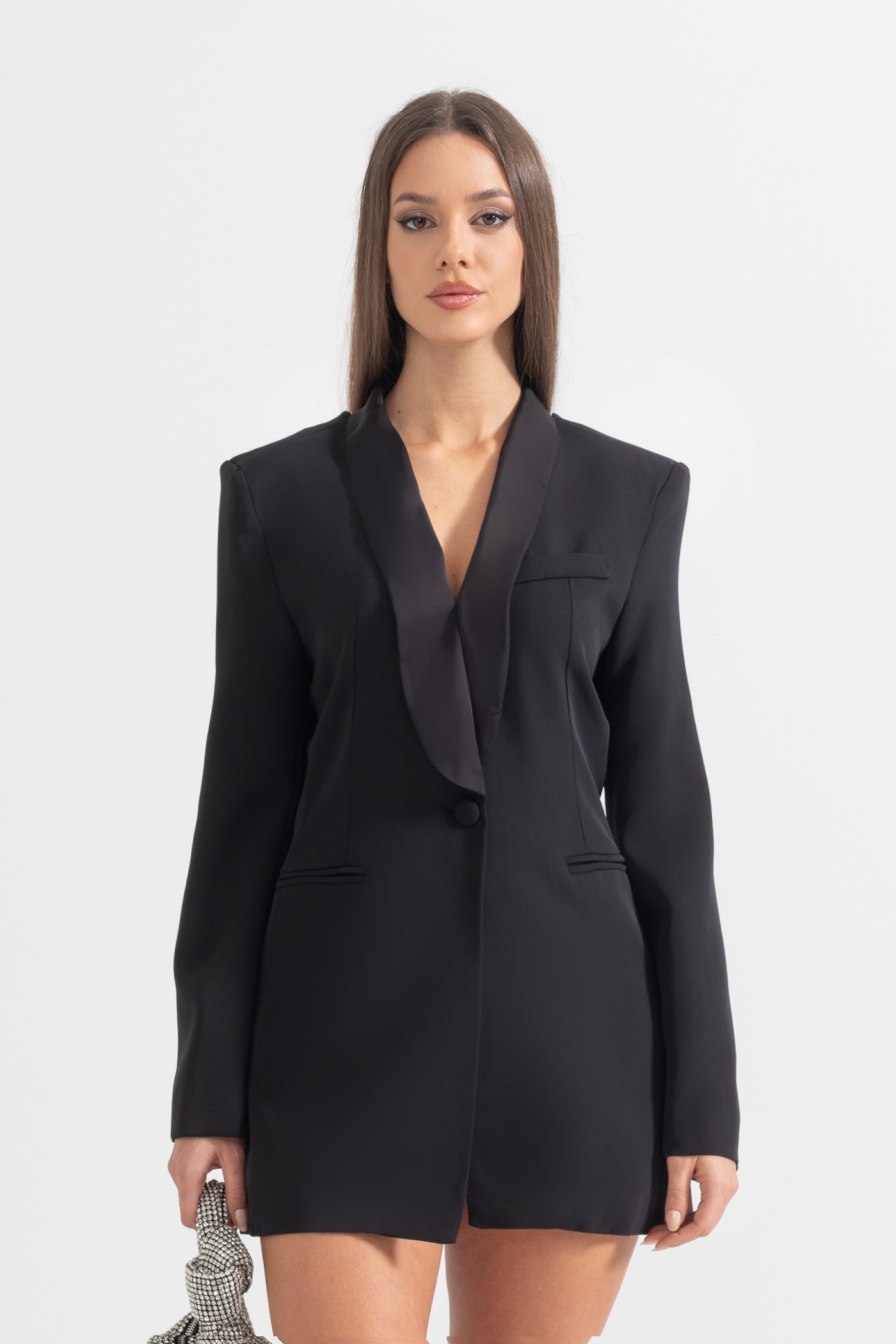 Blazer Elegante Sem Costas com Gola de Xale - Preto