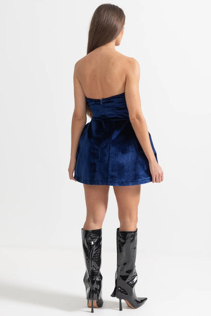 Vestido Mini de Veludo com Saia Larga - Azul