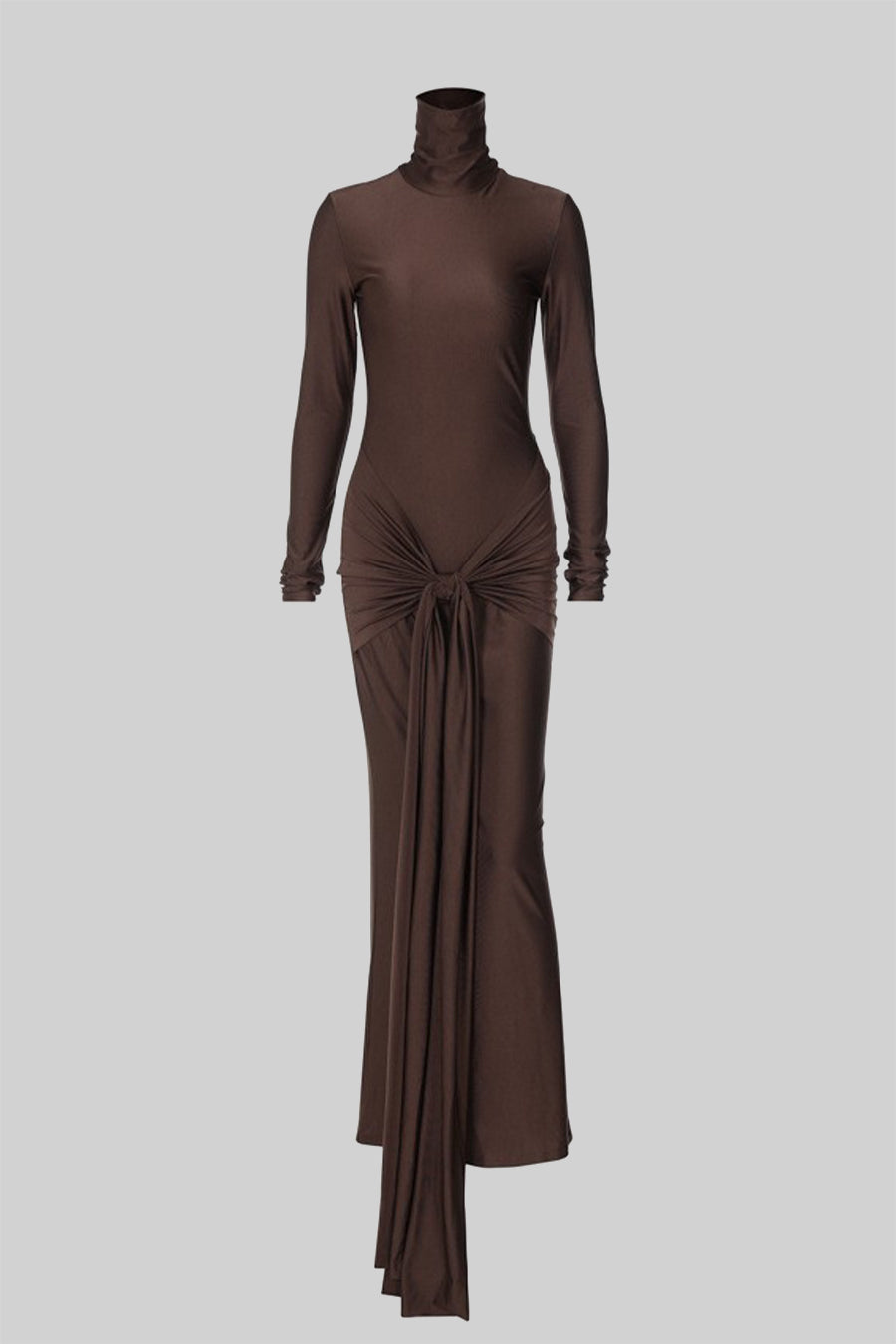 Vestido Longo com Gola Alta Drapada - Castanho