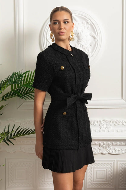 Vestido Mini Bouclé Com Cintura Cinturada E Baixo Plissado - Preto