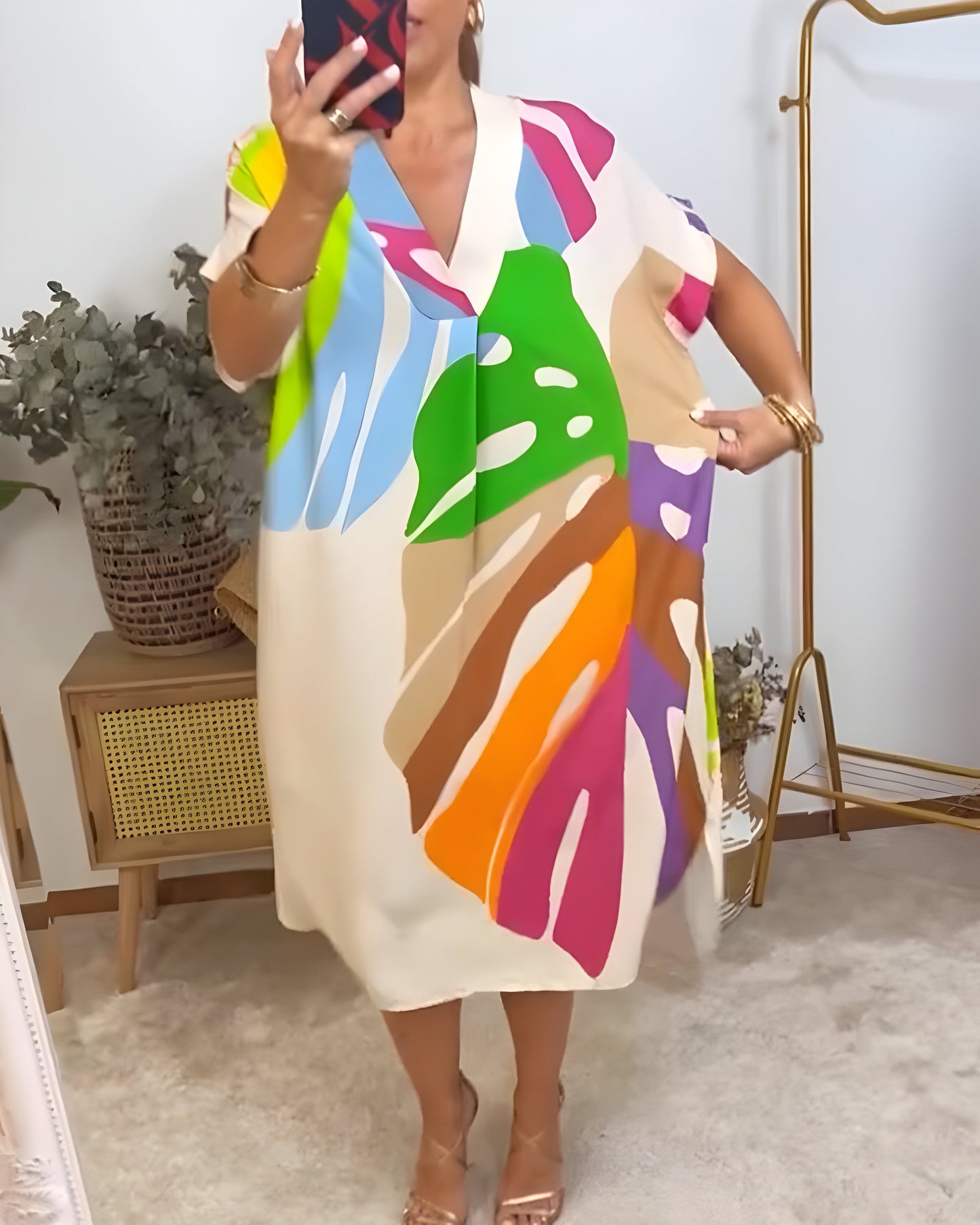 Roos™ | Vestido casual com estampa de folhas coloridas