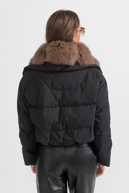Casaco Puffer Com Capuz Forrado de Pele de Raposa Castanha - Preto