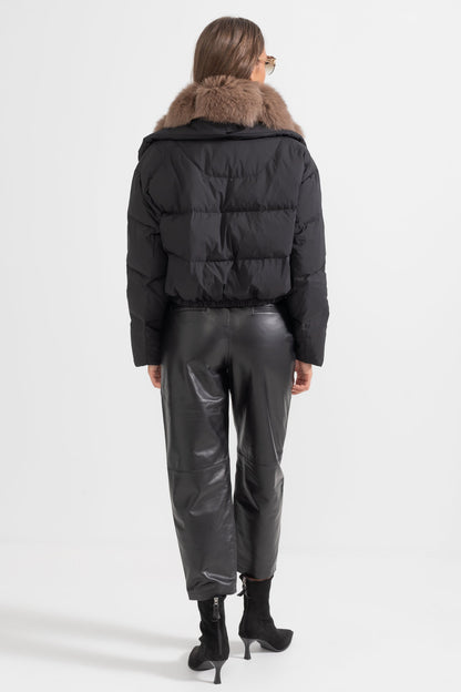 Casaco Puffer Com Capuz Forrado de Pele de Raposa Castanha - Preto