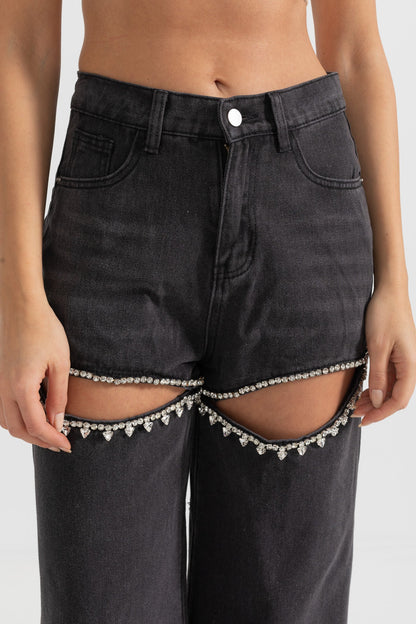 Jeans de Cintura Alta com Cortes nas Coxas - Preto