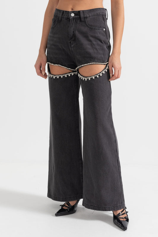 Jeans de Cintura Alta com Recortes nas Coxas - Preto