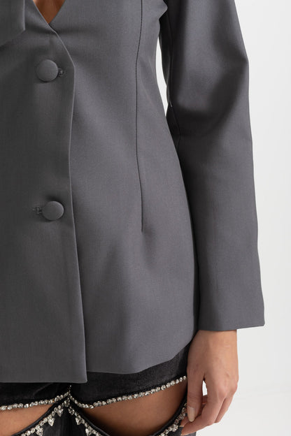 Blazer Ajustado Com Laço na Gola - Cinza