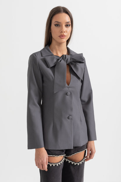 Blazer Ajustado Com Laço na Gola - Cinza