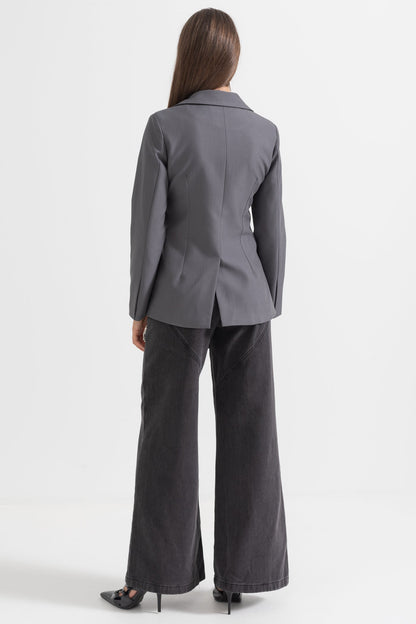 Blazer Ajustado Com Laço no Colarinho - Cinza