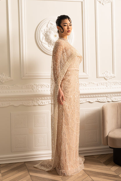 Vestido Glamouroso com Contas e Véu Destacável - Bege