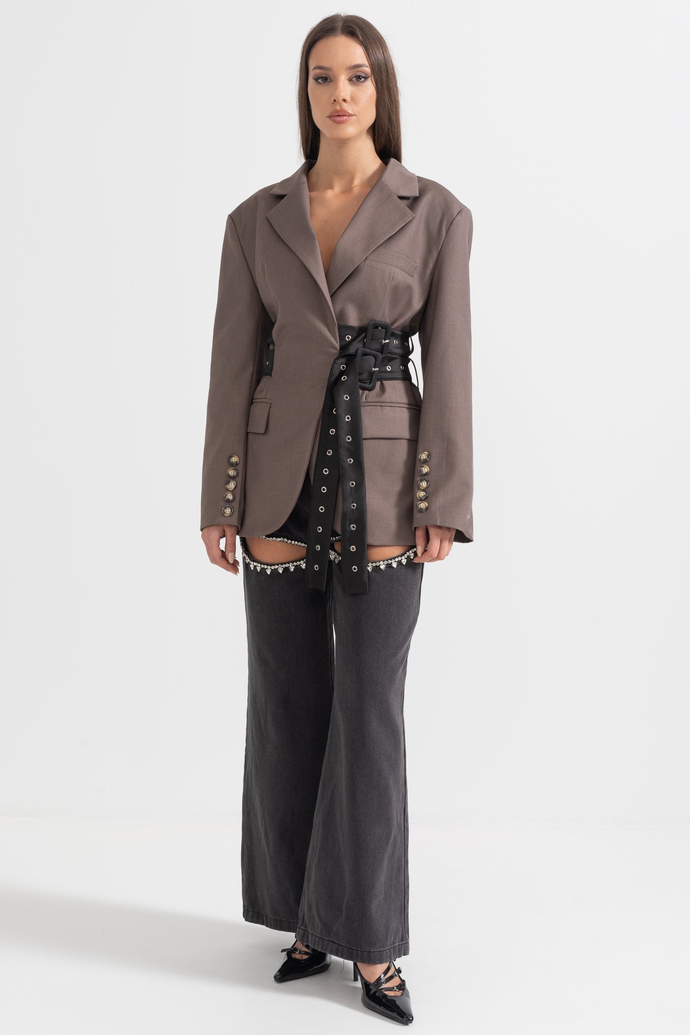 Blazer Contemporâneo Com Cinto Duplo - Castanho