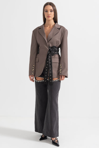 Blazer Contemporâneo Com Cinto Duplo - Castanho