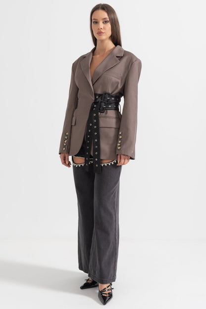 Blazer Contemporâneo Com Cinto Duplo - Castanho