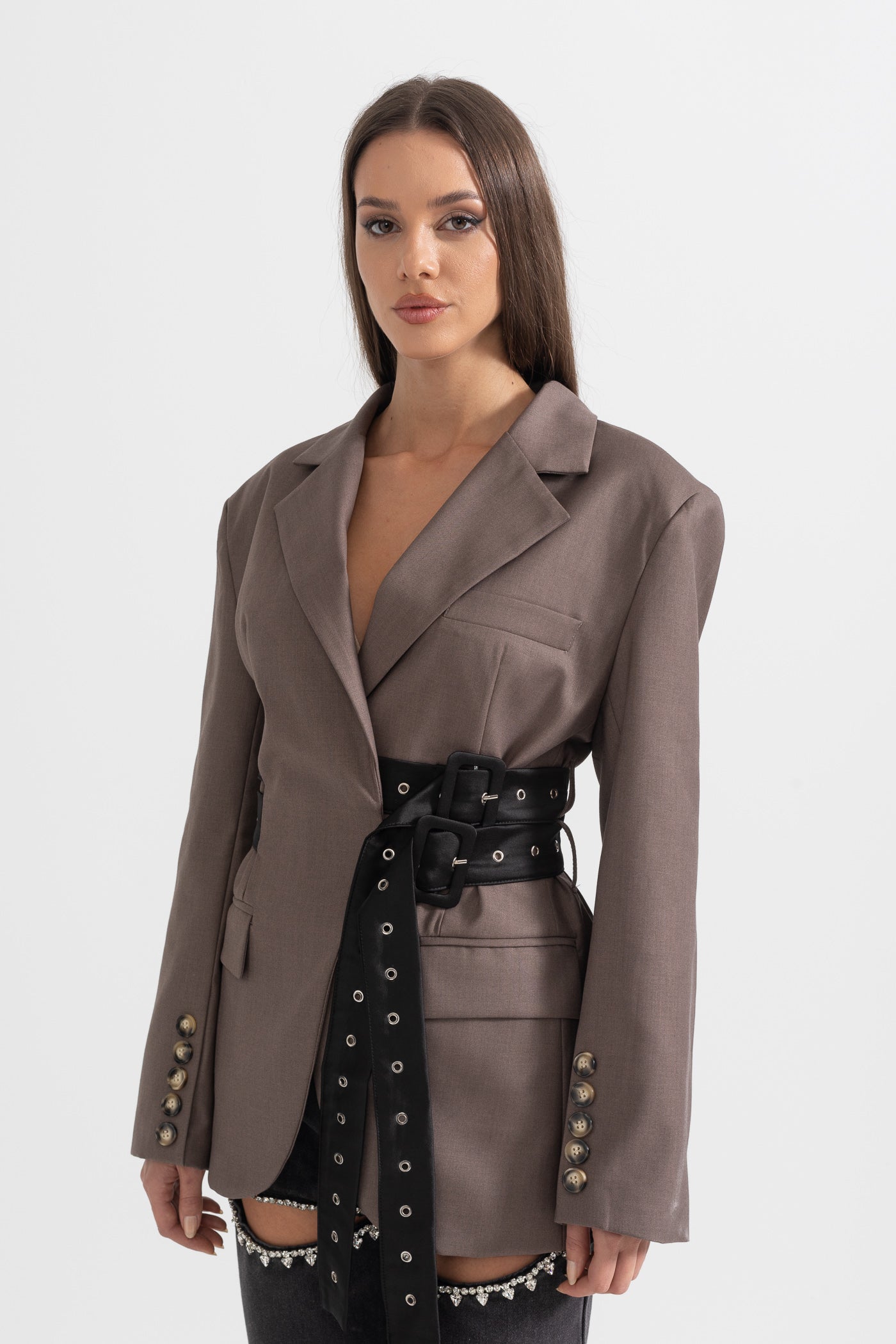 Blazer Contemporâneo Com Cinto Duplo - Castanho