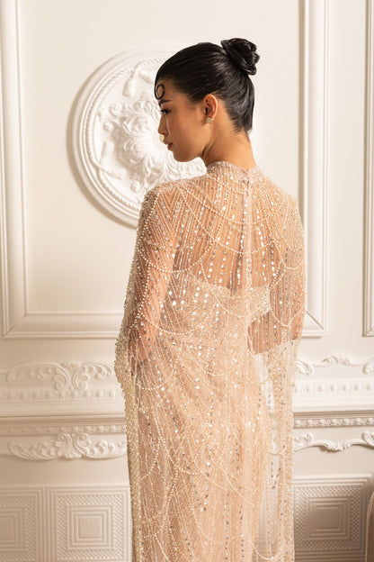 Vestido Glamouroso com Contas e Véu Destacável - Bege