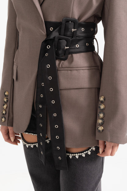 Blazer Contemporâneo Com Cinto Duplo - Castanho