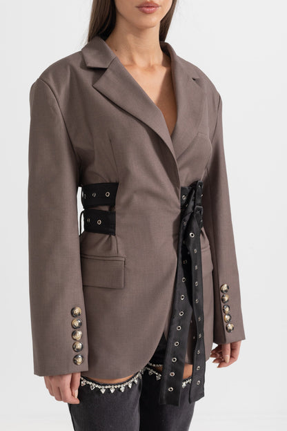Blazer Contemporâneo Com Cinto Duplo - Castanho