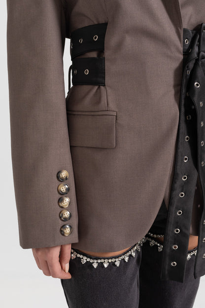 Blazer Contemporâneo Com Cinto Duplo - Castanho