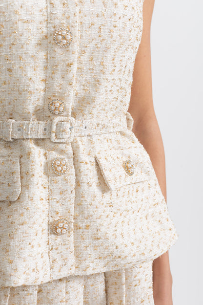 Vestido Mini Texturizado Sem Mangas Com Saia Plissada E Cinto - Ivoire