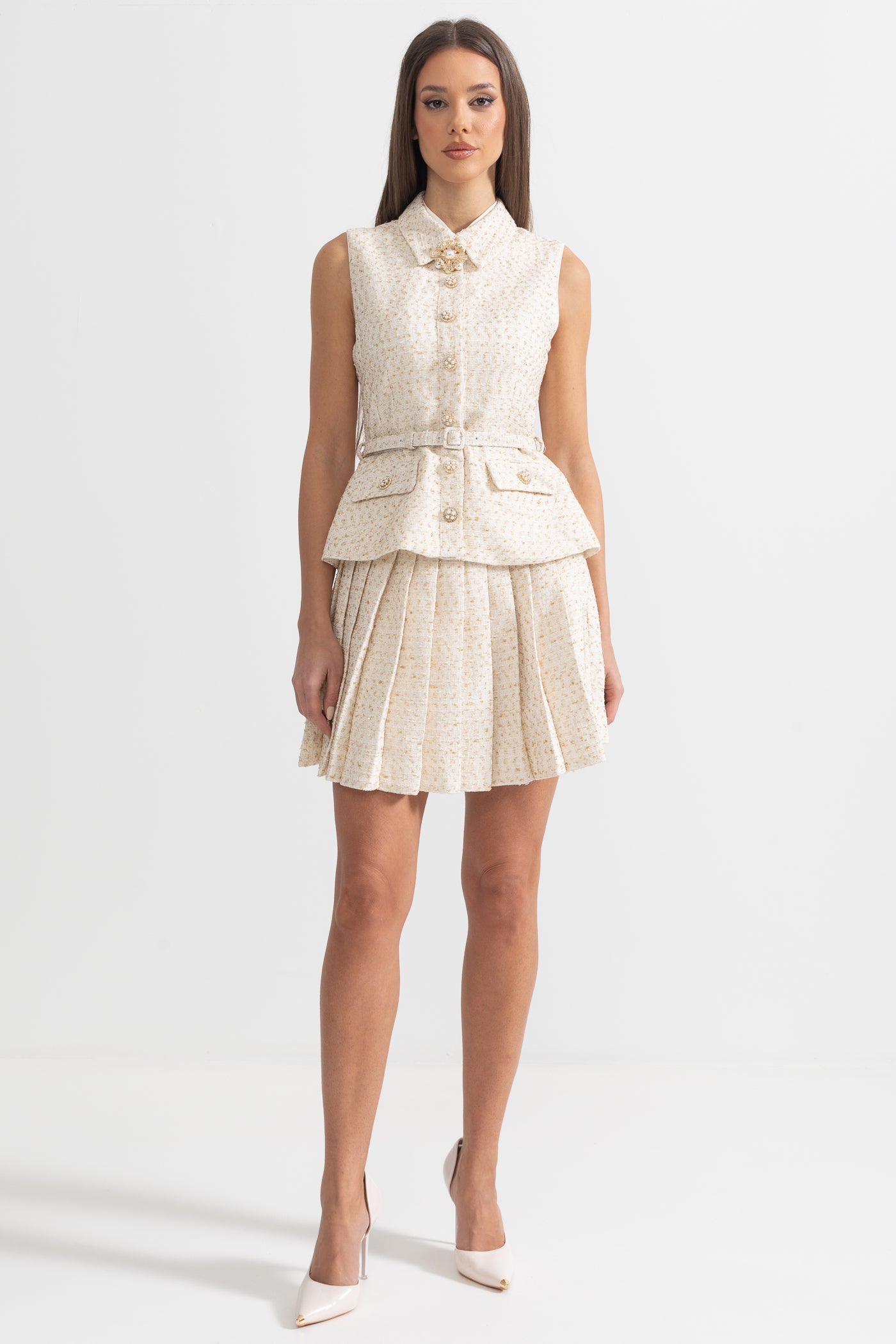 Vestido Mini Texturizado Sem Mangas Com Saia Plissada E Cinto - Ivoire
