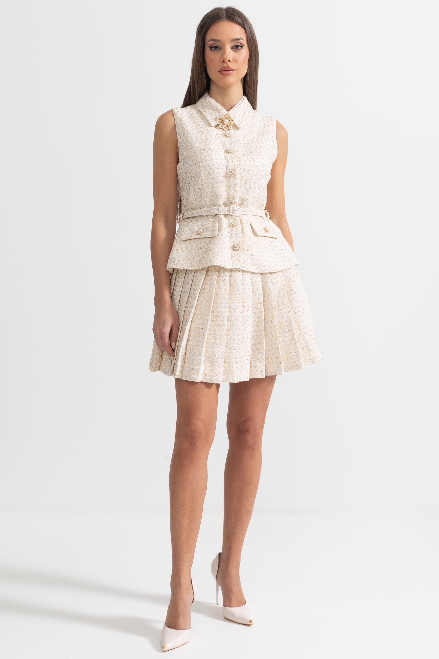 Vestido Mini Texturizado Sem Mangas Com Saia Plissada E Cinto - Ivoire