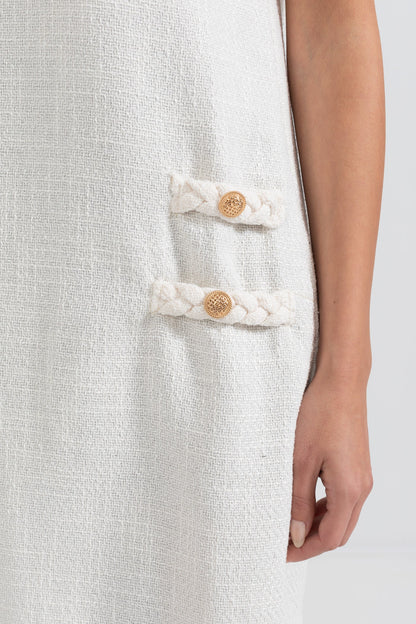 Vestido Texturizado de Manga Curta com Acentos Trançados - Ivoire