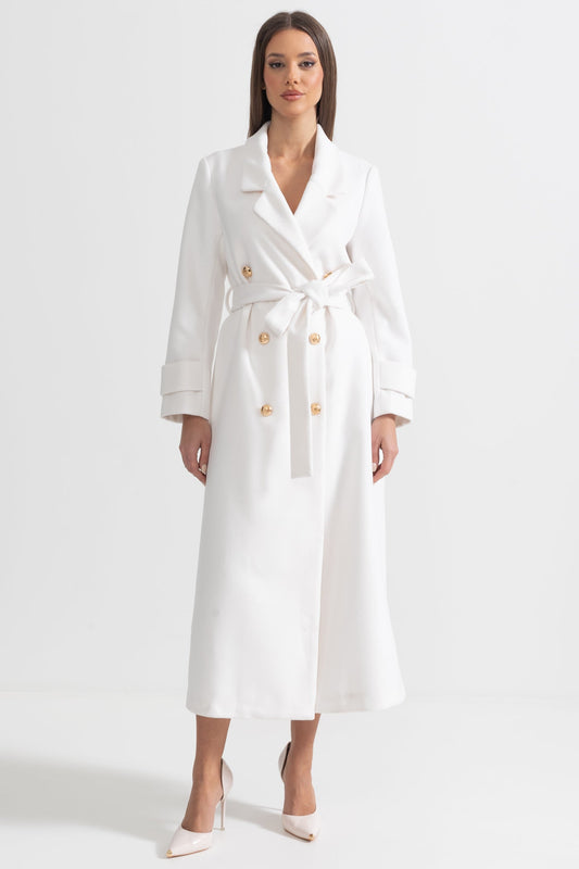 Casaco Longo Elegante com Design de Lapela Larga - Branco