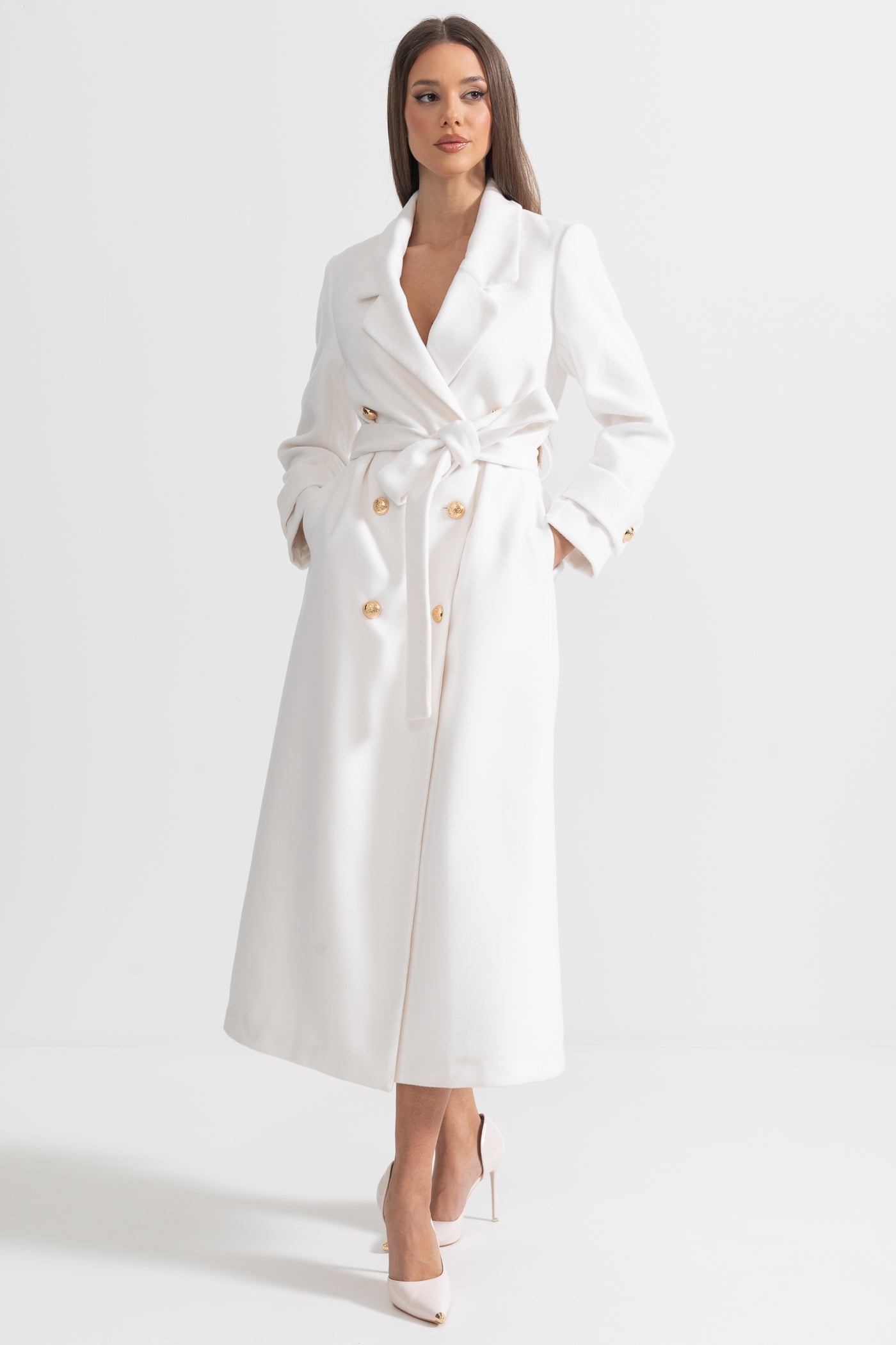 Casaco Longo Elegante com Design de Lapela Larga - Branco