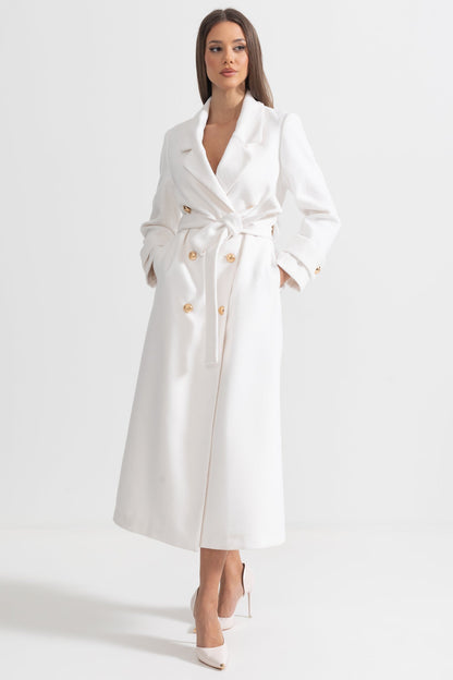 Casaco Longo Elegante com Design de Lapela Larga - Branco
