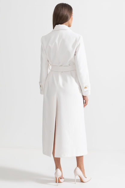 Casaco Longo Elegante com Design de Lapela Larga - Branco