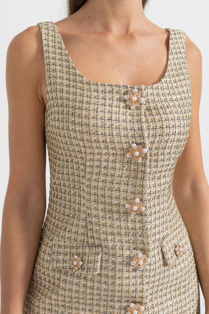 Vestido Mini Estampado Com Botões Decorativos Dourados - Dourado