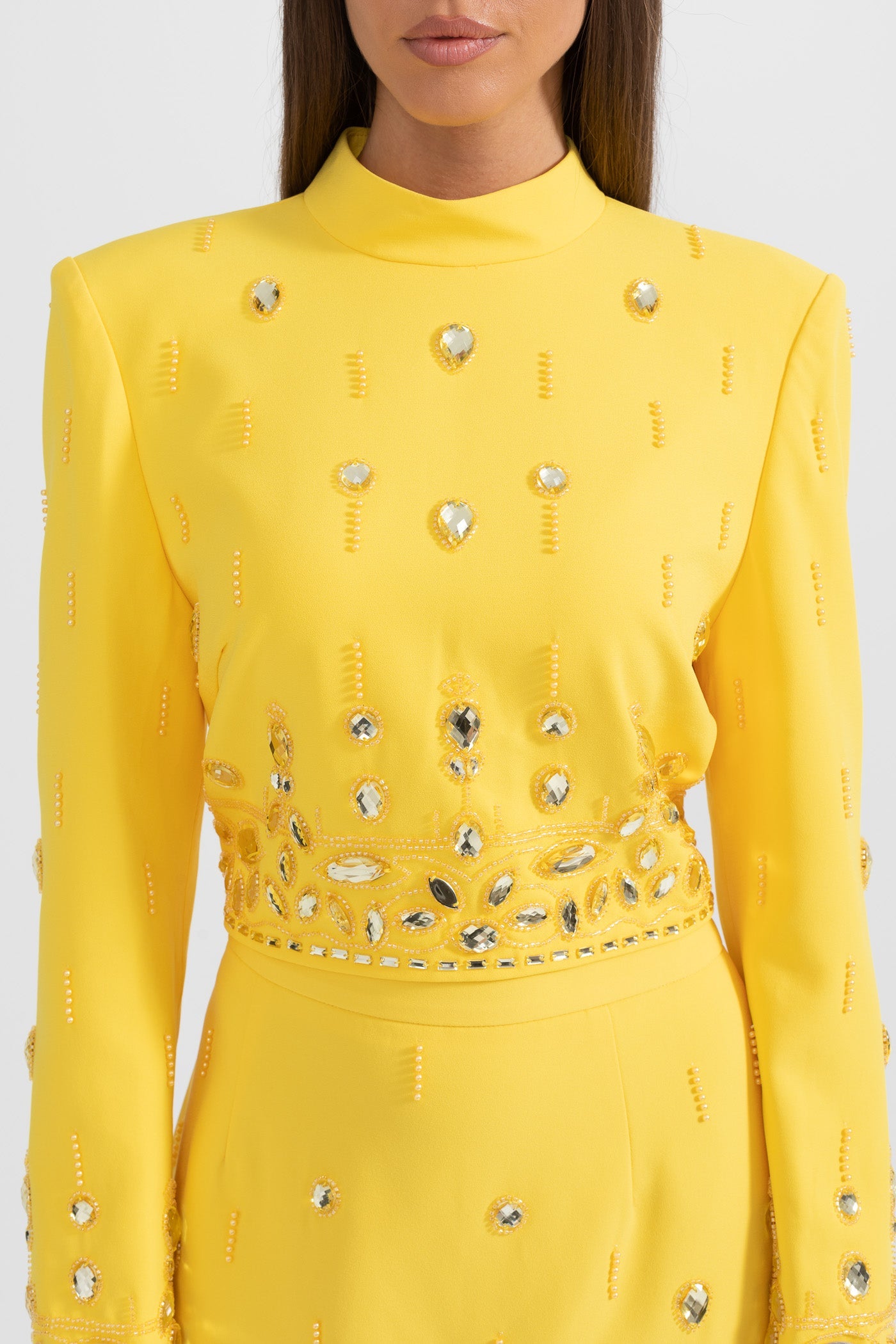 Conjunto com Diamantes e Saia Mini - Amarelo