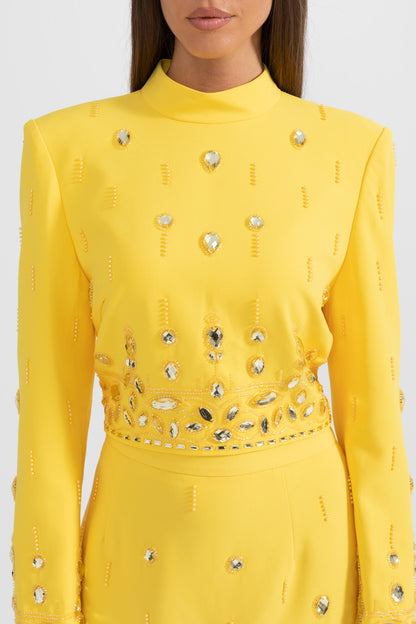 Conjunto com Diamantes e Saia Mini - Amarelo
