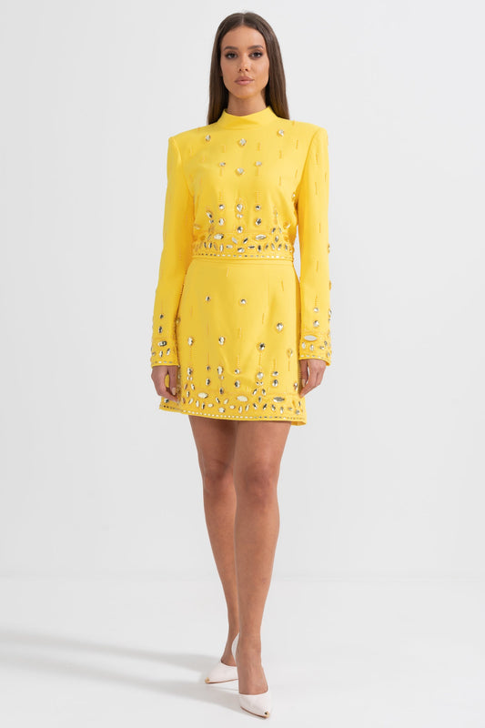 Conjunto com Diamantes e Saia Mini - Amarelo