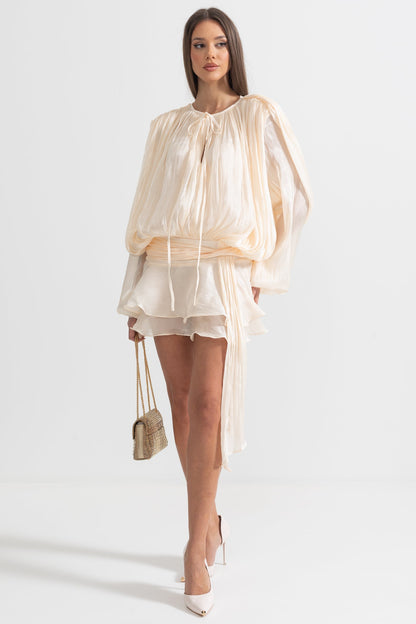 Vestido Mini de Manga Longa com Babados e Silhueta Fluida - Damasco
