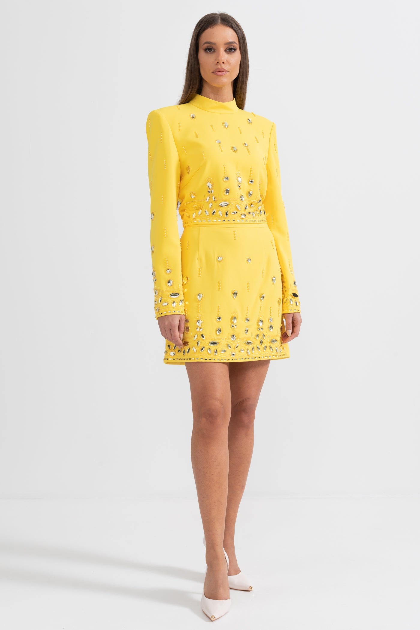 Conjunto com Diamantes e Saia Mini - Amarelo