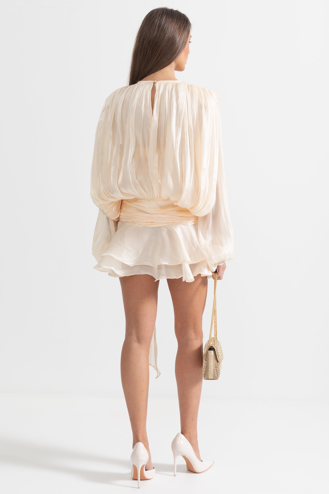 Vestido Mini de Manga Longa com Babados e Silhueta Fluida - Damasco
