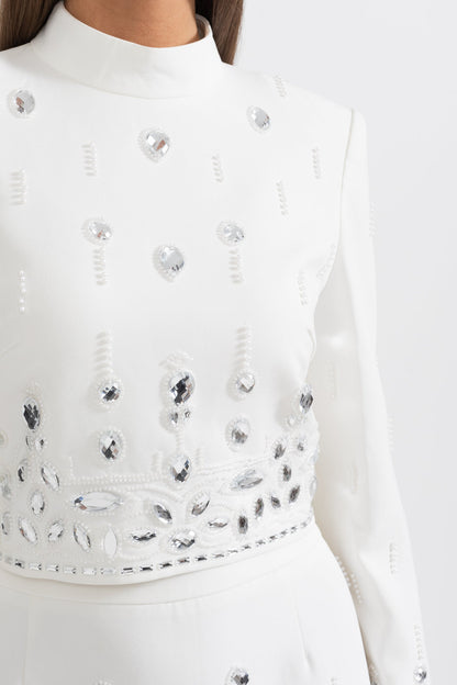 Conjunto Decorado com Diamantes e Saia Maxi - Branco