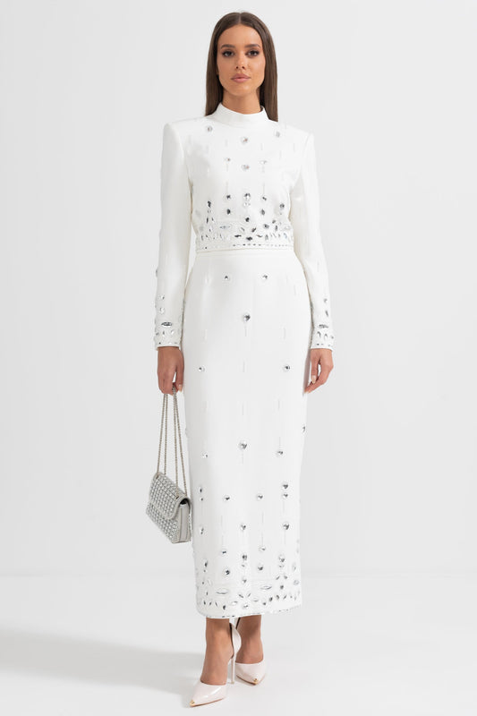 Conjunto Decorado com Diamantes e Saia Maxi - Branco