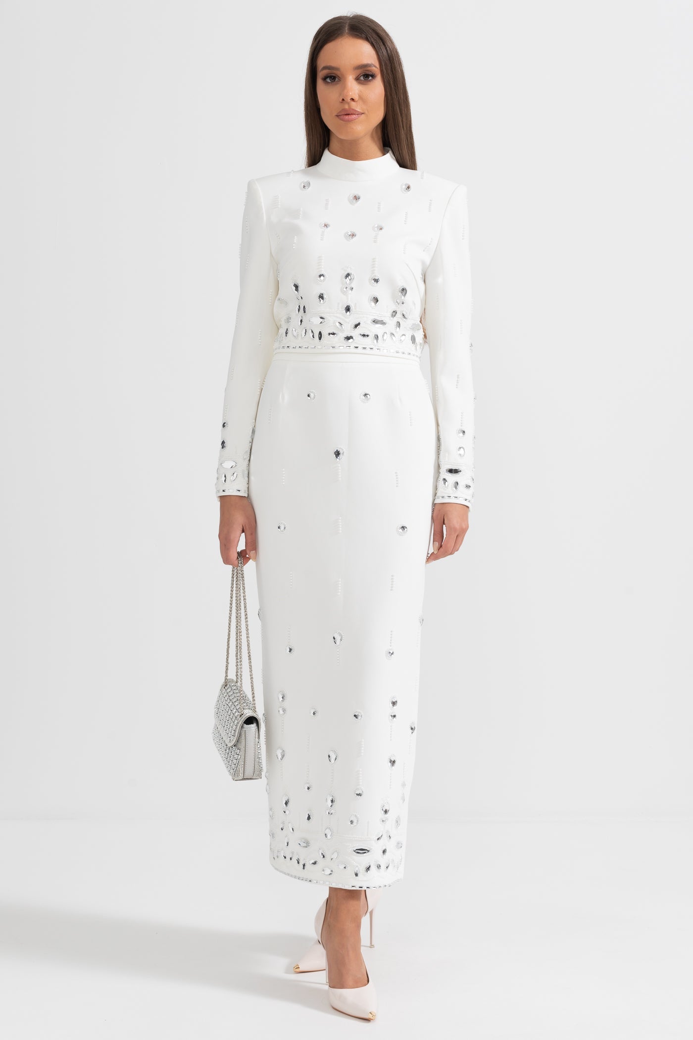 Conjunto Decorado com Diamantes e Saia Maxi - Branco