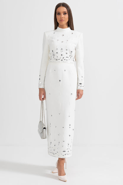 Conjunto Decorado com Diamantes e Saia Maxi - Branco