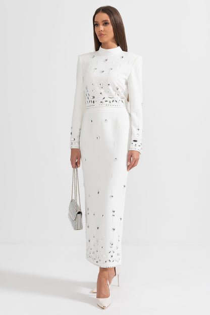 Conjunto com Saia Maxi Embelido com Diamantes - Branco