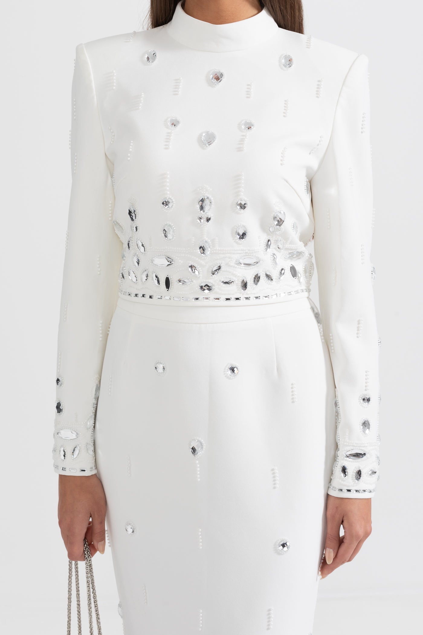 Conjunto com Saia Maxi Embelido com Diamantes - Branco