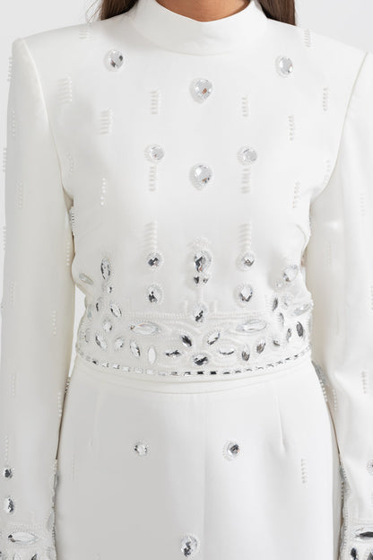 Conjunto com Saia Maxi Embelido com Diamantes - Branco